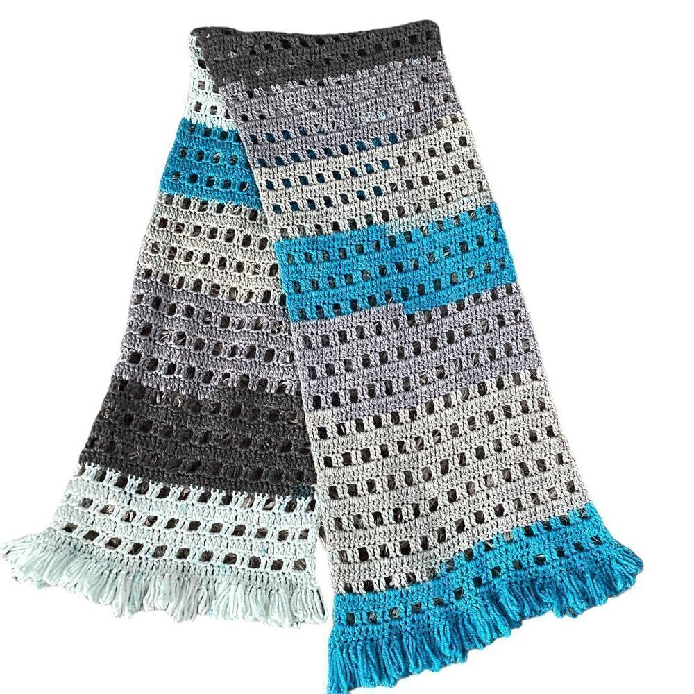 Hand Knitted/Crochet Fringed Multicolor Scarf 17x78 in‎ #168N